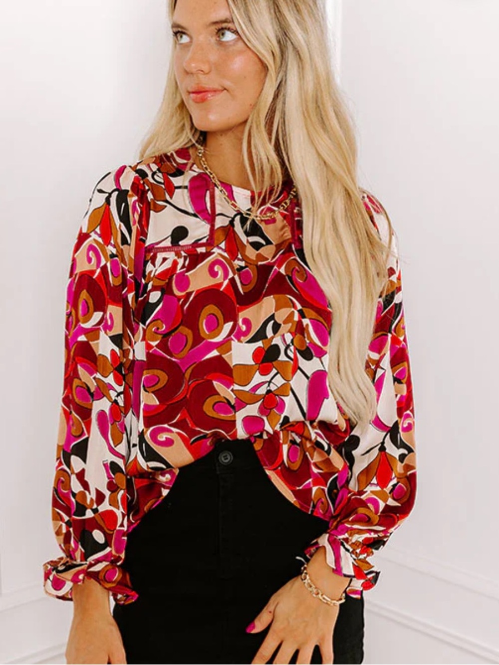 Abstract Print Long-Sleeve Blouse in Pink & Red Business Casual Work